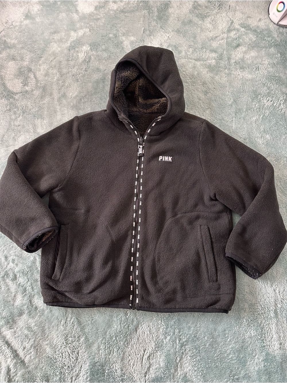 PINK Victoria's Secret Reversible Black Fleece Hooded Jacket